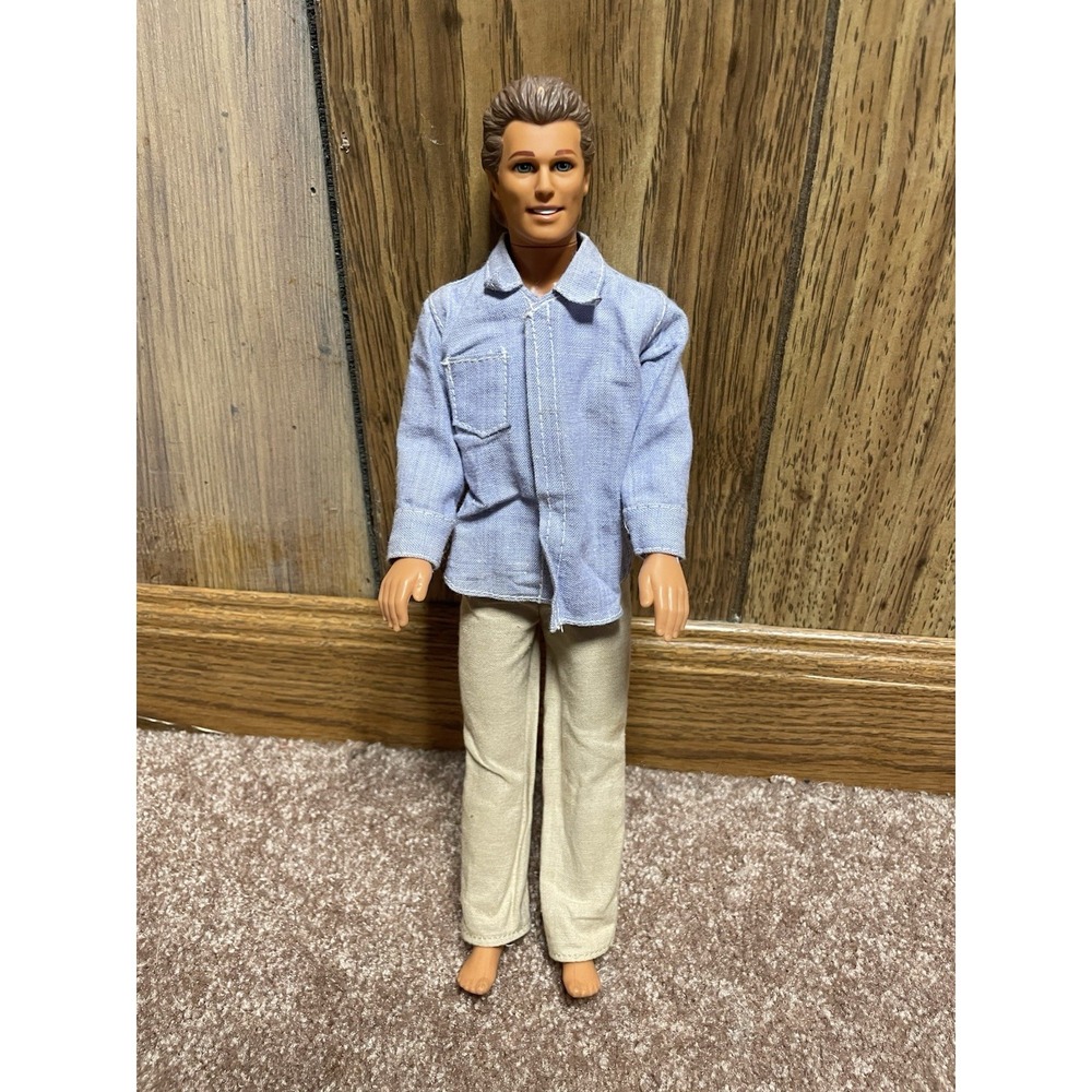 Vintage Ken Doll 90's Brown Hair Blue‎ Eyes Dimples Khaki Pants Blue Shirt